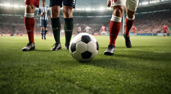 足球比赛现场球员在绿茵场上争抢球权的画面