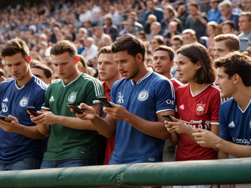 球迷社区交流场景，观众在看台讨论比赛并查看手机上的实时比分