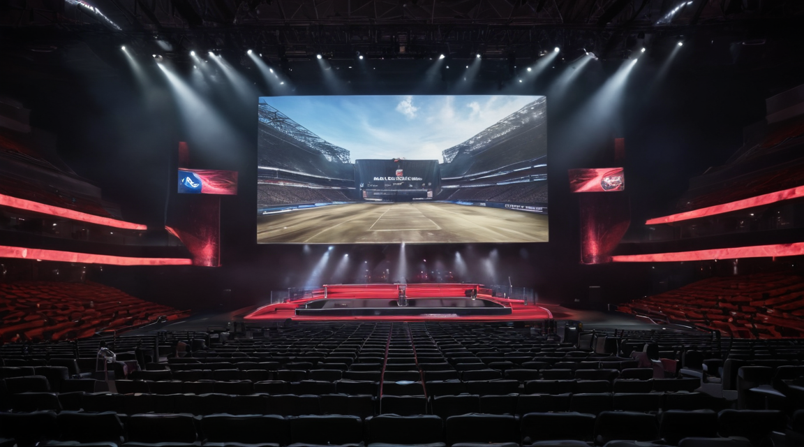 电竞赛事现场大屏幕播放比赛画面，观众席灯光亮起
