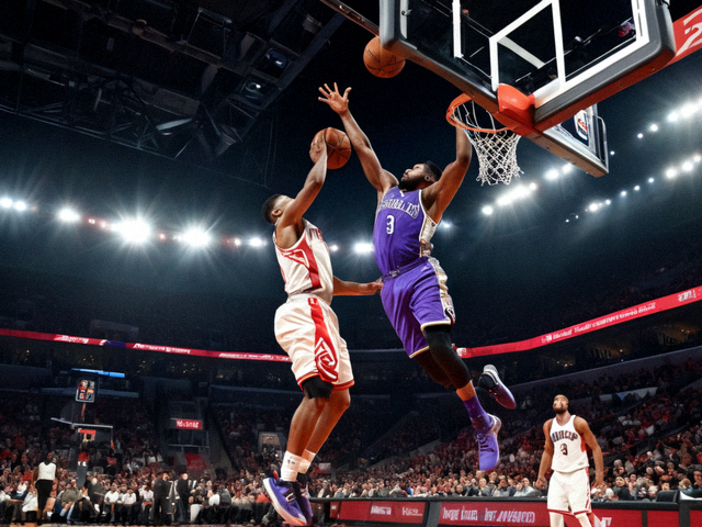NBA篮球比赛现场球员突破上篮瞬间