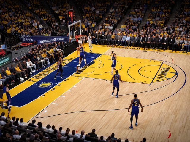 NBA 常规赛湖人主场对阵勇士，球员在篮下完成上篮，观众席座无虚席
